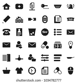 Flat vector icon set - trash bin vector, pan, colander, pencil, document, personal information, stadium, pills, first aid kit, phone, clock, connect, equalizer, menu, firewall, hub, mail, connection