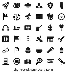 Flat vector icon set - trash bin vector, welcome mat, plates, cook timer, turk coffee, telescope, flag, dollar coin, money search, shorts, water bottle, cereals, breads, shuttlecock, no fastfood