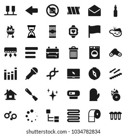 Flat vector icon set - trash bin vector, shining, toilet paper, cook glove, towel, spatula, bbq, pasta, oil, backpack, compass, flag, sand clock, heart monitor, stairways run, no fastfood, music hit