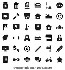 Flat vector icon set - trash bin vector, toilet brush, cleaner woman, measuring cup, meat hammer, mixer, thermometer, pencil, school building, ruler, leaf, exchange, dollar flag, cursor, barbell