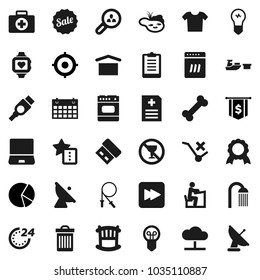 Flat vector icon set - trash bin vector, shower, student, medal, pie graph, target, dollar flag, clipboard, jump rope, heart monitor, calendar, no alcohol sign, first aid kit, bone, port, dry cargo