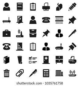 Flat vector icon set - trash bin vector, pencil, case, pen, paper pin, archive, exam, manager, binder, clipboard, classic phone, thumbtack, medical room, router, attachment, user, mailbox, building
