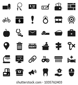 Flat vector icon set - trash bin vector, foam basin, house hold, student, case, table lamp, credit card, check, dollar calendar, diet, bike, jump rope, target, fitness mat, signpost, attention, hub
