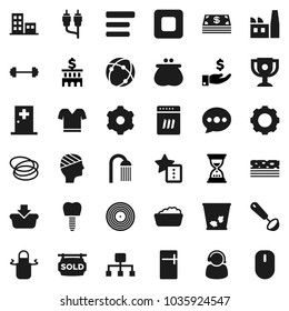 Flat vector icon set - trash bin vector, foam basin, shower, apron, ladle, award cup, investment, bank building, sand clock, barbell, t shirt, breads, hoop, disk, stop button, rca, tooth implant