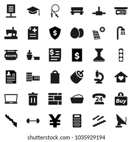 Flat vector icon set - trash bin vector, car fetlock, foam basin, grater, egg, graduate hat, school building, crisis, receipt, personal information, dollar shield, yen sign, barbell, jump rope, port