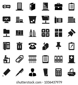 Flat vector icon set - trash bin vector, shining window, pencil, student, pen, clipboard, paper pin, exam, manager, case, binder, phone, classic, thumbtack, diagnostic monitor, medical room, mailbox