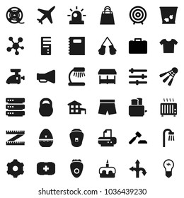 Flat vector icon set - trash bin vector, cook timer, toaster, cake, copybook, table lamp, case, auction, target, measuring, weight, boxing glove, shorts, shuttlecock, first aid kit, route, plane