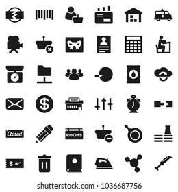Flat vector icon set - trash bin vector, iron, pan, pencil, student, alarm clock, personal information, molecule, calculator, warehouse, oil barrel, barcode, settings, video camera, group, mail