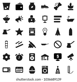 Flat vector icon set - trash bin vector, bath, washer, sink, pan, towel, cook timer, rolling pin, turk coffee, toaster, oven, cereal, telescope, alarm clock, presentation, wallet, monitor dollar