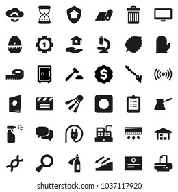 Flat vector icon set - trash bin vector, sprayer, house hold, cook glove, timer, turk coffee, clipboard, certificate, leaf, crisis, auction, dollar medal, safe, measuring, stairways run, fitness mat