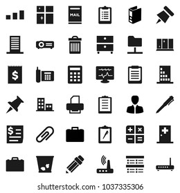 Flat vector icon set - trash bin vector, shining window, pencil, case, pen, clipboard, paper pin, archive, exam, manager, binder, phone, receipt, sorting, thumbtack, diagnostic monitor, medical room