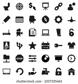 Flat vector icon set - trash bin vector, toilet, pencil, backpack, notebook pc, compass, presentation, personal information, pie graph, investment, board, dollar cursor, t shirt, target, calendar