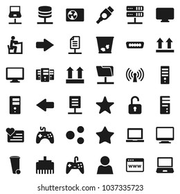 Flat vector icon set - trash bin vector, student, notebook pc, heart monitor, top sign, gamepad, favorites, hdmi, network, folder, server, browser, lan connector, share, arrow, document, user