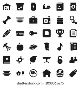 Flat vector icon set - trash bin vector, plates, cereal, case, award cup, music, leaf, diet, enegry drink, bone, ship, document, warehouse, oil barrel, radio, satellitie, remote control, group, dna