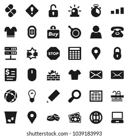Flat vector icon set - trash bin vector, pan, cook timer, pencil, schedule, calculator, t shirt, pool, stadium, map pin, money, phone, receipt, sorting, mail, pills, connection, disconnection, globe