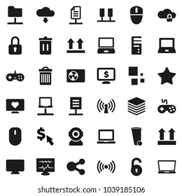 Flat vector icon set - trash bin vector, notebook pc, monitor dollar, cursor, heart, top sign, gamepad, favorites, diagnostic, server, network, folder, cloud lock, big data, share, download, loading