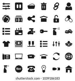 Flat vector icon set - trash bin vector, foam basin, sprayer, stadium, pills, money, phone, dry cargo, settings, video camera, link, pause button, connection, server, equalizer, share, refresh, user