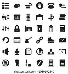 Flat vector icon set - trash bin vector, toilet brush, paper, garbage pile, turk coffee, pasta, calculator, roller Skates, enegry drink, calendar, no fastfood, route, earth, phone, document, speaker