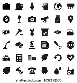 Flat vector icon set - trash bin vector, rubber glove, kettle, whisk, pen, school building, telescope, leaf, cash, case, dollar shield, punching bag, swimsuite, earth, map pin, phone 24, camera, eye