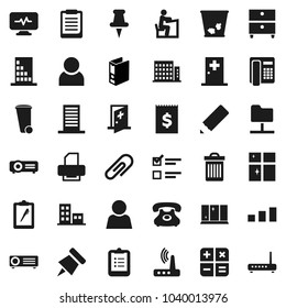 Flat vector icon set - trash bin vector, shining window, pencil, student, clipboard, paper pin, archive, exam, binder, phone, receipt, sorting, thumbtack, diagnostic monitor, medical room, router