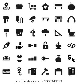 Flat vector icon set - trash bin vector, toilet, pan, measuring cup, corner ruler, apple fruit, telescope, investment, dollar cursor, diet, horizontal bar, swimsuite, navigator, cargo, no hook, hdmi