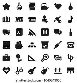 Flat vector icon set - trash bin vector, kettle, oil, rolling pin, toaster, cereal, chicken leg, book, corner ruler, case, music, hierarchy, gymnast rings, satellite, top sign, tulip, dialog, jack