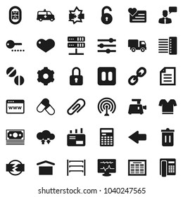 Flat vector icon set - trash bin vector, calculator, schedule, document, t shirt, pills, heart monitor, stadium, money, dry cargo, shelving, antenna, speaking man, link, pause button, amkbulance car