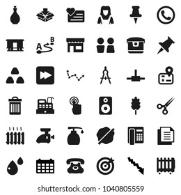 Flat vector icon set - trash bin vector, splotch, liquid soap, water closet, cleaner woman, oil, cereal, drawing compass, constellation, crisis, calendar, heart monitor, navigator, phone, document