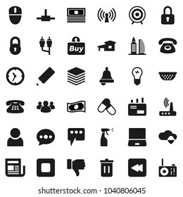 Flat vector icon set - trash bin vector, sprayer, colander, pencil, bell, cash, target, pills, clock, newspaper, notebook pc, classic phone, group, finger down, stop button, backward, rca, connect