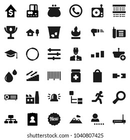 Flat vector icon set - trash bin vector, graduate hat, award cup, magnifier, exam, credit card, dollar growth, personal information, hierarchy, stairways run, hoop, phone, sorting, flammable, radio