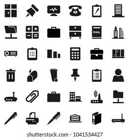 Flat vector icon set - trash bin vector, shining window, case, pen, clipboard, paper pin, archive, binder, sorting, classic phone, thumbtack, diagnostic monitor, network folder, router, attachment
