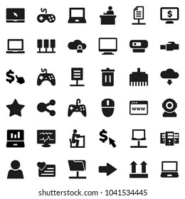 Flat vector icon set - trash bin vector, student, notebook pc, laptop graph, monitor dollar, cursor, heart, top sign, gamepad, favorites, diagnostic, server, network, folder, cloud lock, browser