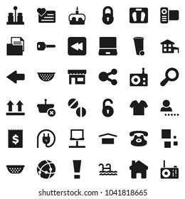 Flat vector icon set - trash bin vector, colander, spices, cake, scales, heart monitor, receipt, document, dry cargo, top sign, radio, video camera, notebook pc, classic phone, backward button, home