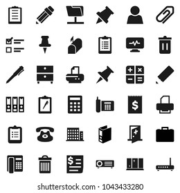 Flat vector icon set - trash bin vector, shining window, pencil, pen, clipboard, paper pin, archive, exam, case, binder, phone, receipt, classic, thumbtack, diagnostic monitor, medical room, user