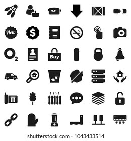 Flat vector icon set - trash bin vector, splotch, cleaning agent, house hold, cook glove, cereal, copybook, corner ruler, bell, personal information, arrow down, dollar medal, shuttlecock, oxygen