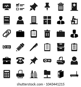 Flat vector icon set - trash bin vector, shining window, pencil, student, case, pen, clipboard, paper pin, archive, exam, manager, binder, classic phone, thumbtack, diagnostic monitor, medical room