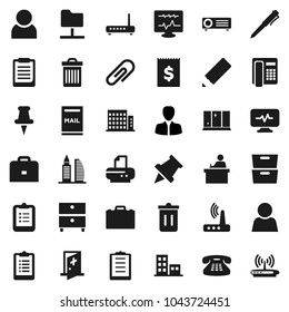 Flat vector icon set - trash bin vector, shining window, pencil, student, case, pen, clipboard, paper pin, archive, manager, receipt, classic phone, thumbtack, diagnostic monitor, medical room, user