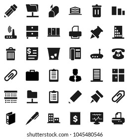 Flat vector icon set - trash bin vector, shining window, pencil, pen, paper pin, archive, exam, manager, case, binder, clipboard, receipt, sorting, classic phone, diagnostic monitor, network folder