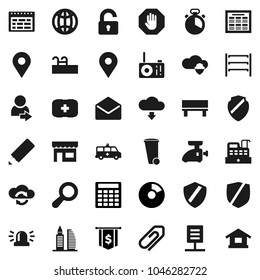 Flat vector icon set - trash bin vector, cook timer, pencil, schedule, pie graph, calculator, dollar flag, first aid kit, map pin, protected, shelving, mail, amkbulance car, cloud shield, exchange