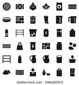 Flat vector icon set - trash bin vector, garbage pile, measuring cup, jug, sieve, jar, enegry drink, water bottle, sea container, port, wood box, consolidated cargo, package, oil barrel, shelving