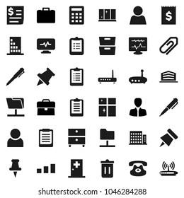 Flat vector icon set - trash bin vector, shining window, pen, clipboard, paper pin, archive, manager, case, receipt, sorting, classic phone, thumbtack, diagnostic monitor, medical room, router, user
