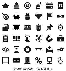 Flat vector icon set - trash bin vector, welcome mat, pan, hand mill, cookbook, backpack, clipboard, magnet, flag, piggy bank, sand clock, presentation board, skateboard, heart monitor, money, stop