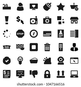 Flat vector icon set - trash bin vector, foam basin, compass, personal information, manager, dollar cursor, heart monitor, first aid kit, support, calendar, receipt, top sign, protected, radio, rca