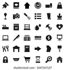 Flat vector icon set - trash bin vector, water closet, colander, whisk, cookbook, pen, notebook pc, paper pin, abacus, presentation, cart, arrow up, dollar medal, stadium, punching bag, buttocks