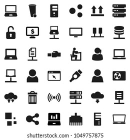 Flat vector icon set - trash bin vector, student, notebook pc, laptop graph, monitor dollar, support, top sign, hdmi, server, network, cloud exchange, big data, browser, lan connector, share, user