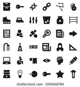 Flat vector icon set - trash bin vector, drying clothes, shower, cleaner woman, double boiler, cereal, pencil, corner ruler, abacus, archive, roller Skates, satellite, shelving, music hit, antenna