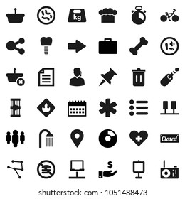 Flat vector icon set - trash bin vector, shower, cook hat, timer, pasta, presentation, document, pie graph, case, investment, man, calendar, bike, no fastfood, bone, map pin, weight, flammable, jack