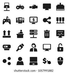 Flat vector icon set - trash bin vector, student, monitor dollar, cursor, support, top sign, notebook pc, hdmi, diagnostic, server, network, lan connector, share, user, unlock, web camera, gamepad