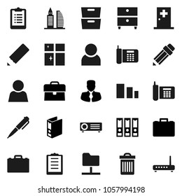 Flat vector icon set - trash bin vector, shining window, pencil, case, pen, archive, manager, binder, clipboard, phone, sorting, medical room, network folder, user, office building, projector