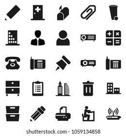 Flat vector icon set - trash bin vector, pencil, student, paper pin, archive, manager, clipboard, phone, medical room, attachment, user, apartments, office building, mailbox, calculator, projector